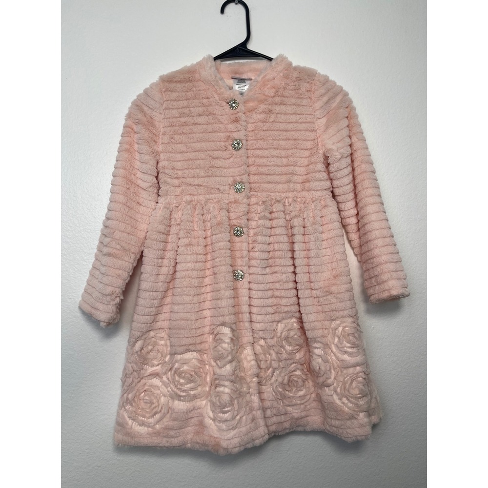 Blueberi Boulevard Girls Pink Faux Fur Rosette Button Front Dress Coat BBHGH64 - Picture 3 of 12